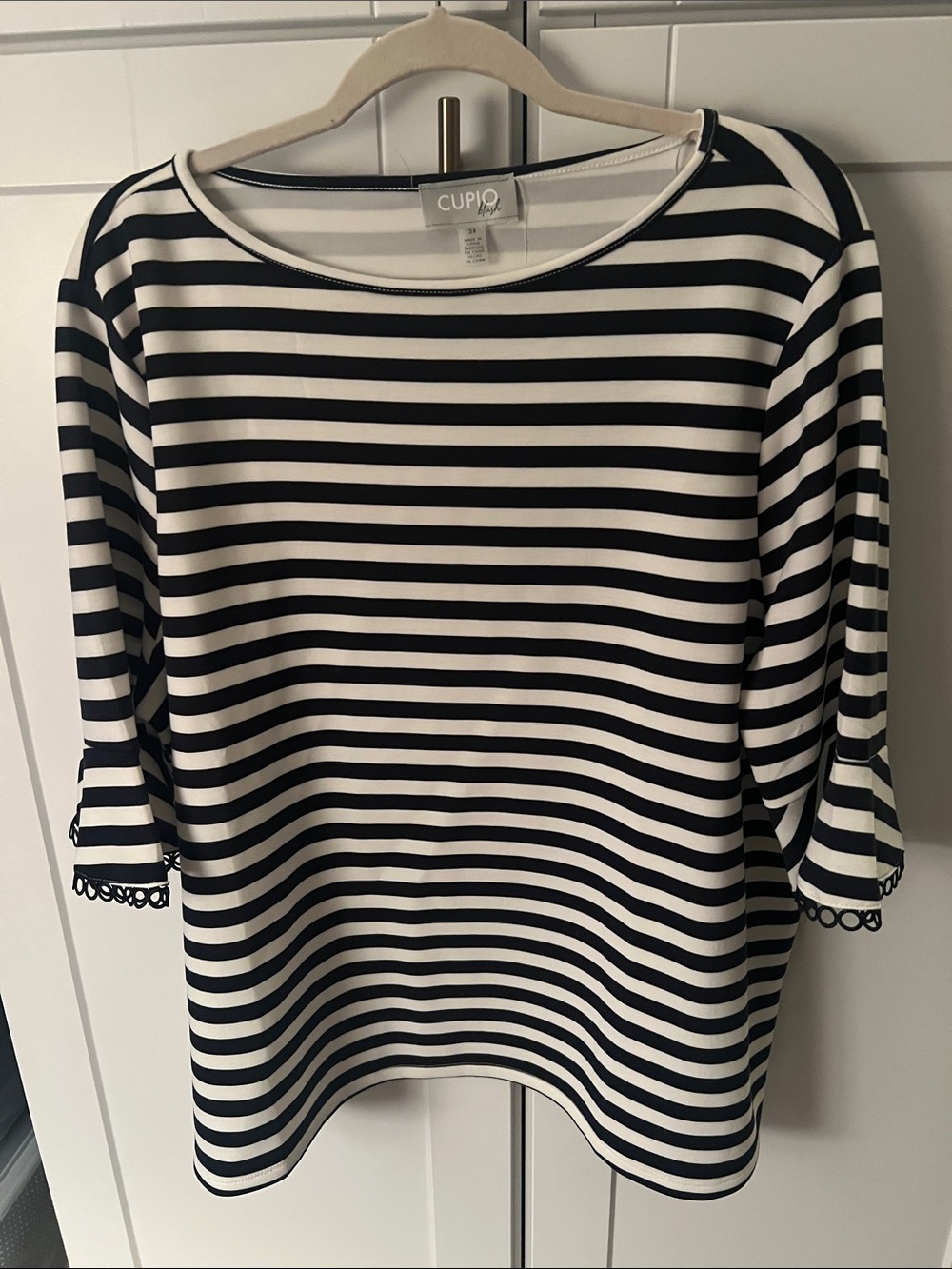 Cupio Navy and White Striped Boatneck Top with Lace Trim
